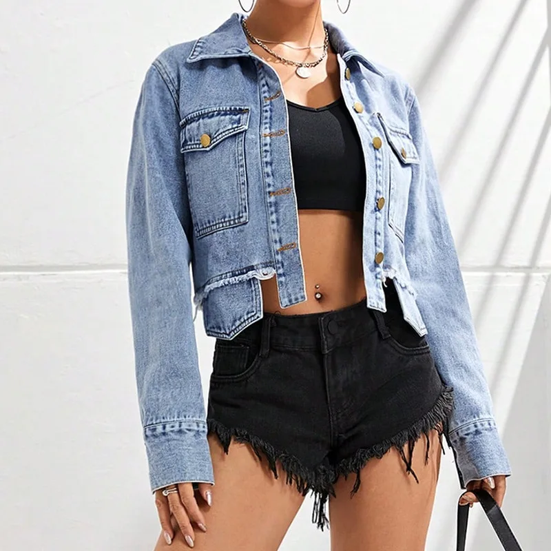 Fashion Long Sleeve Crop Denim Jacket For Women 2024 Spring Autumn Casual New In Outerwears Jean Jackets Coats