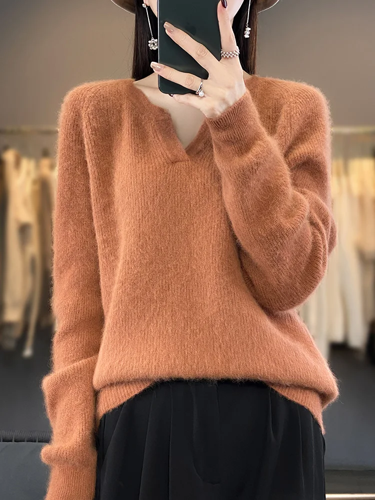 Aliselect Women\'s Super Warm 100% Mink Cashmere Sweater Thick V-Neck Pullovers High Quality Soft Tops Casual Basic Jumper Winter