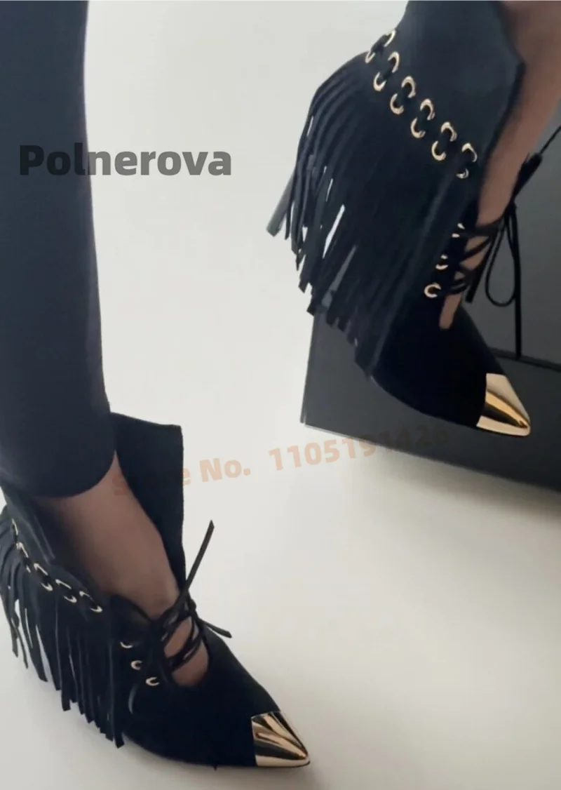 Metal Pointed Toe Fringe Ankle Boots for Women Lace Up Thin High Heels Leather Boots Fashion Concise Spring Autumn Party Shoes
