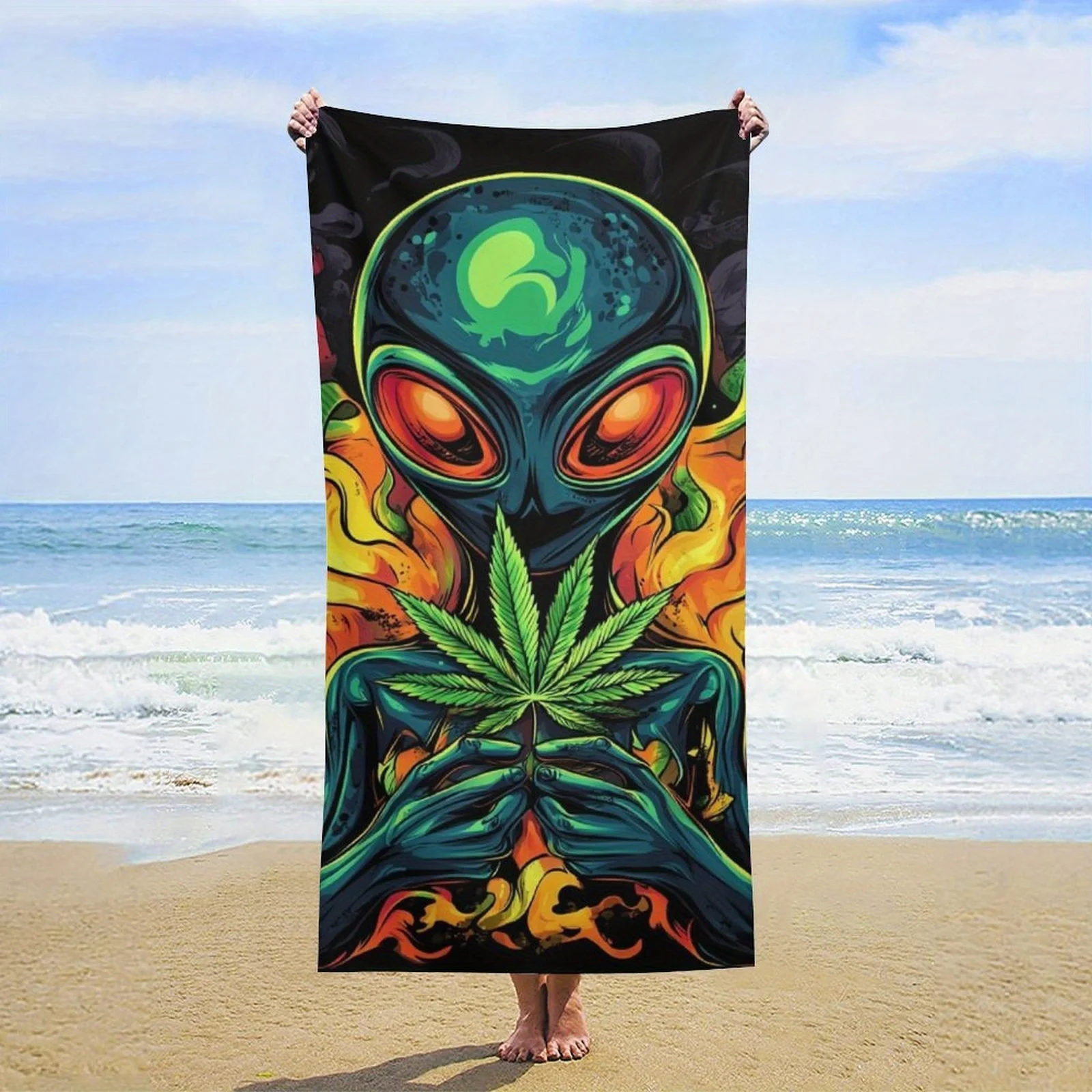 

Пляжное полотенце с изображением инопланетянина и листа конопли — супервпитывающее, быстросохнущее, из микрофибры, легкое и прочное, для пляжа и бассейна.