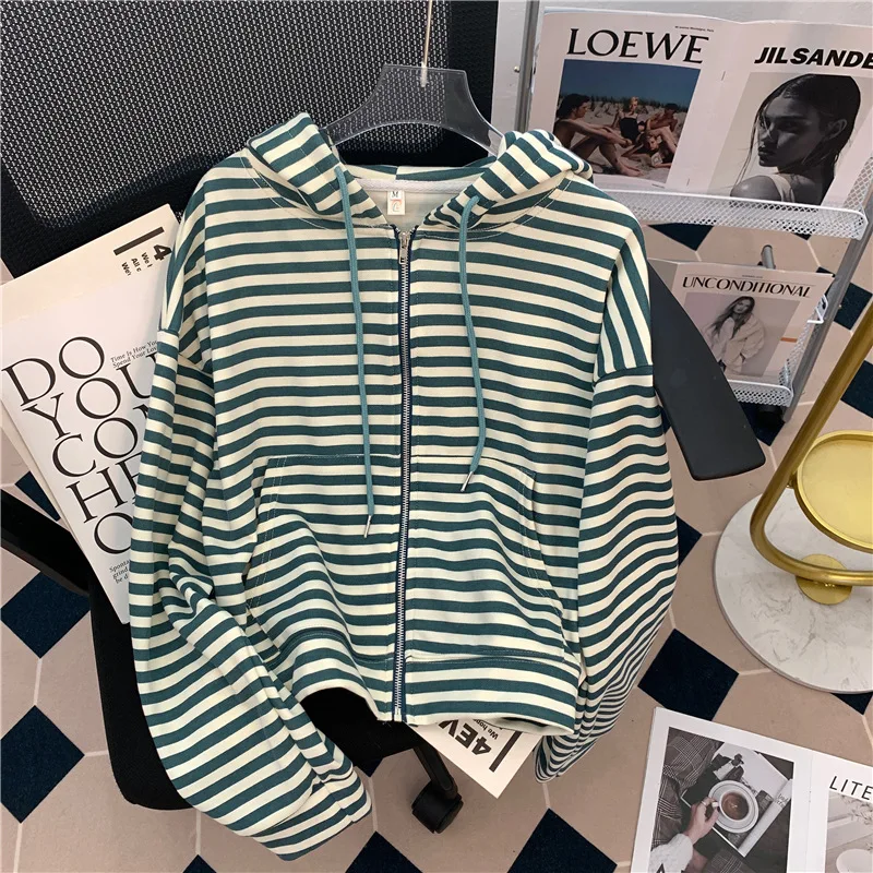 Short Striped Hooded Zip-up Cardigan Jacket for Women Women Vintage  Harajuku Casual Long Sleeve Loose Hooded Sweatshirts Y2k