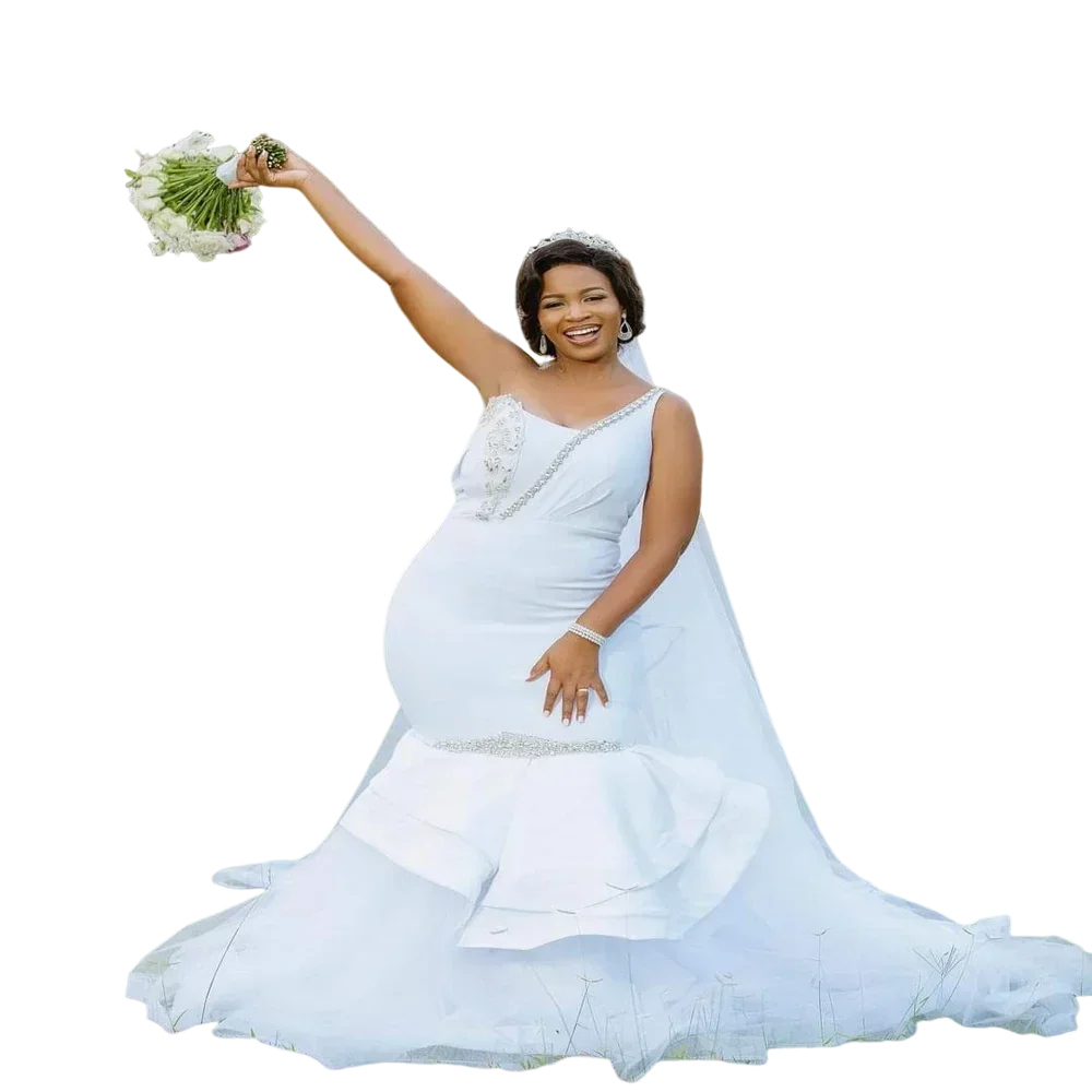 맞춤형 비즈 장식 원숄더 머메이드 웨딩드레스 스윕 트레인 민소매 베스티도 노이바 가든 아프리카 신부 드레스