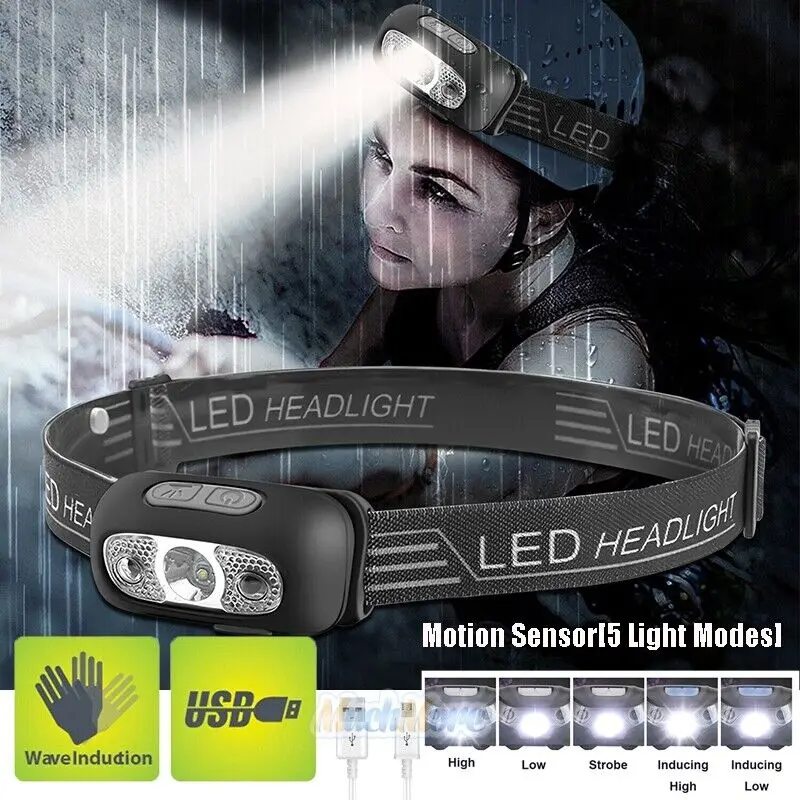 COB LED Motion Sensor Headlamp USB Rechargeable Torch Flashlight Band Headlight