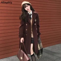 Woolen Coats Women Japanese Style Winter Double Breasted Straight Warm Ulzzang Student All-match Ins Knee-length Streetwear Chic