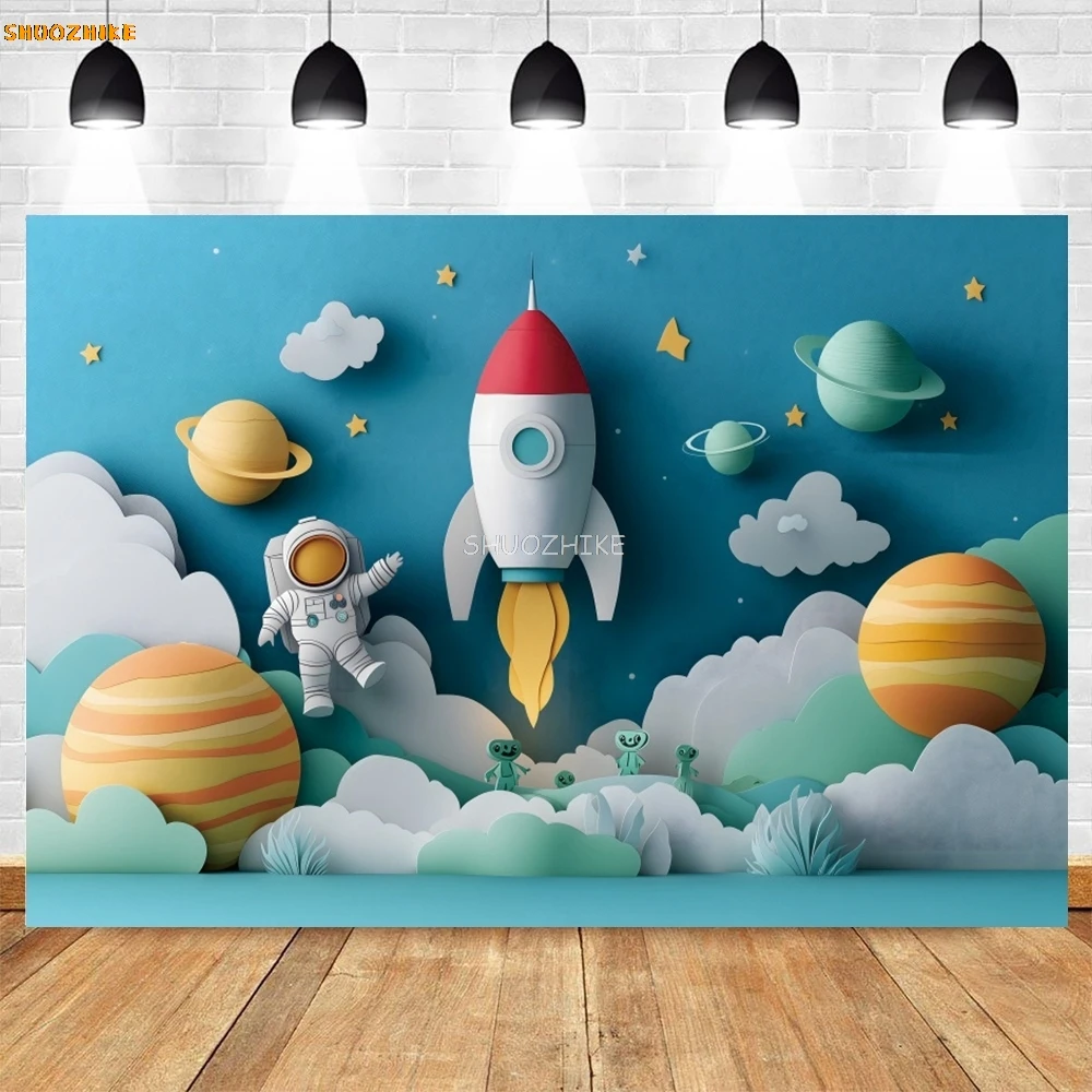 Sfondo astronauta razzo Pianeti cosmici Stelle Nuvole Baby Shower Bambini Festa di compleanno Sfondo fotografico Puntelli per studio fotografico