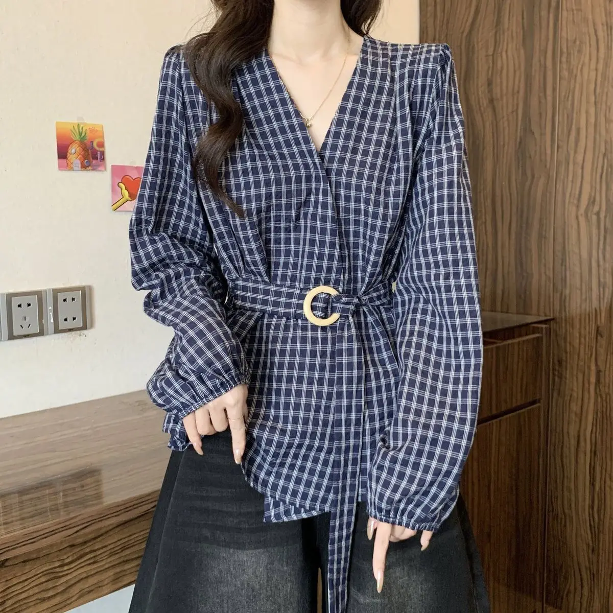 

Women's Clothing Retro Lace Up Checkered V-neck Long-sleeved Shirt For Women Spring Autumn Drawstring Waist Cinched Sweet Top