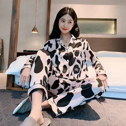 Women's Pajamas Sets Spring Autumn 2 Piece Cow Dot Pyjama Faux Silk Satin Sleepwear Long Sleeve Pijama Mujer Pjs Homewear