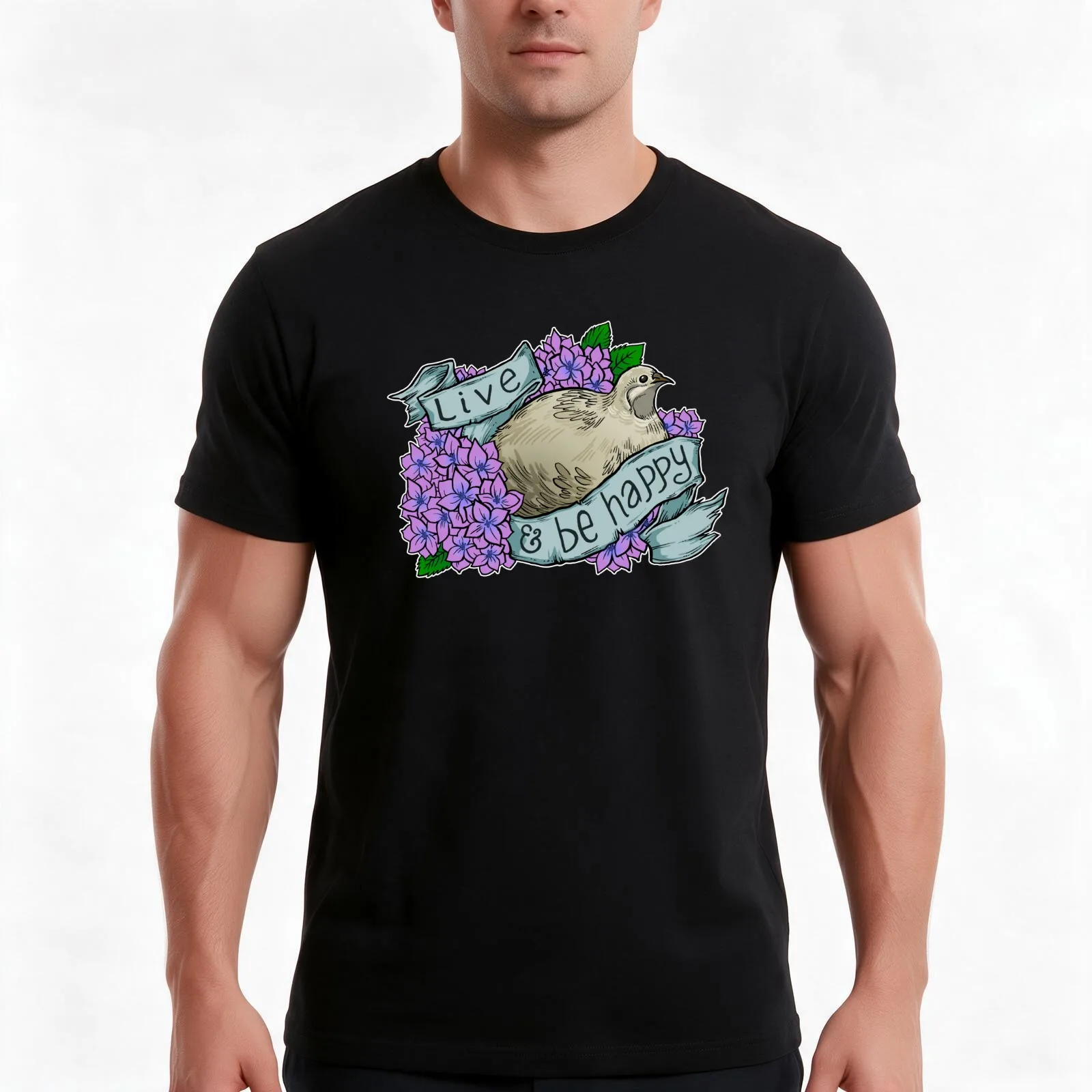 Live and Be Happy (button quail) T-Shirt, Summer Casual Cotton Tee, Oversized Streetwear Tops, Vintage Graphic Print