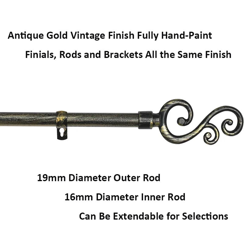 SSD  Antique Gold 19mm 3/4Inch Dia. Adjustable Drapery Rod Set Extendable Curtain Pole Drapery Hardware Metal Finials &Brackets