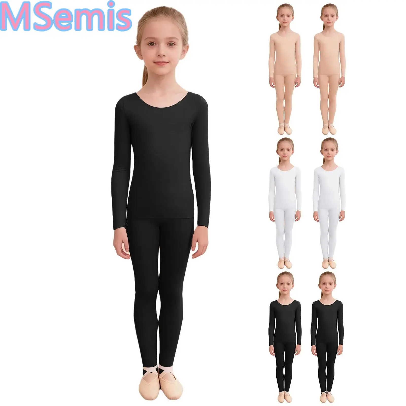 Kids Girls Seamless Thermal Underwear Set Tops Long Sleeve Pullover Top with Elastic Waistband Regular Leggings for Dance