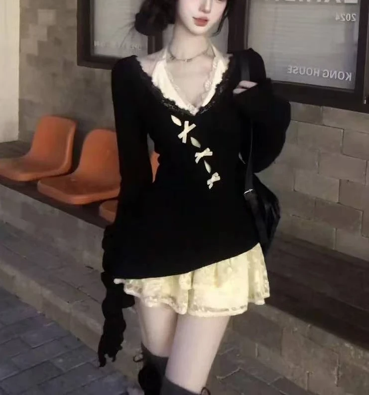 Women Summer Y2K 2000s 2 Piece Outfit Long Sleeve Shirts + Coquette Ballet Core Lace Mini Dress Korean Kpop Shoujo Girl Set