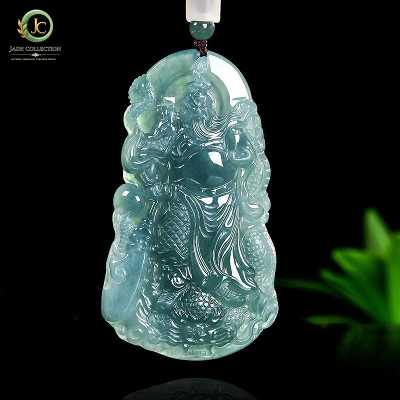 NaturalaJadeite Blue Water Dragon Pendant with Guan Gong and Wu Cai Shen, Nostalgic Jadeite Pendant for Men and Women, Wholesale