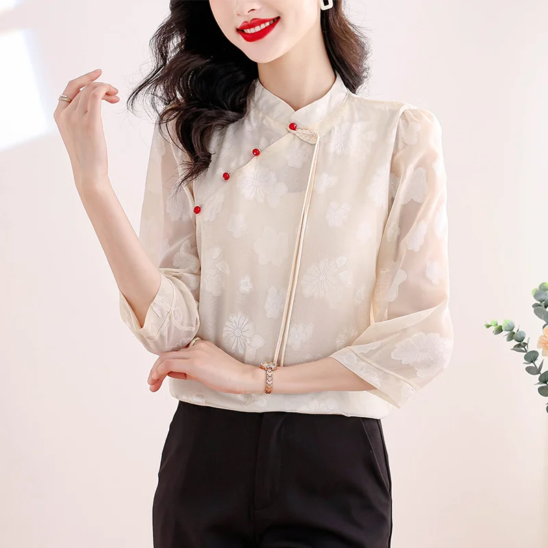 Women Summer Chinese Style Temperament Loose Printing Solid Color O-neck 3/4 Sleeve Shirts Ladies Elegant All-match Trend Tops