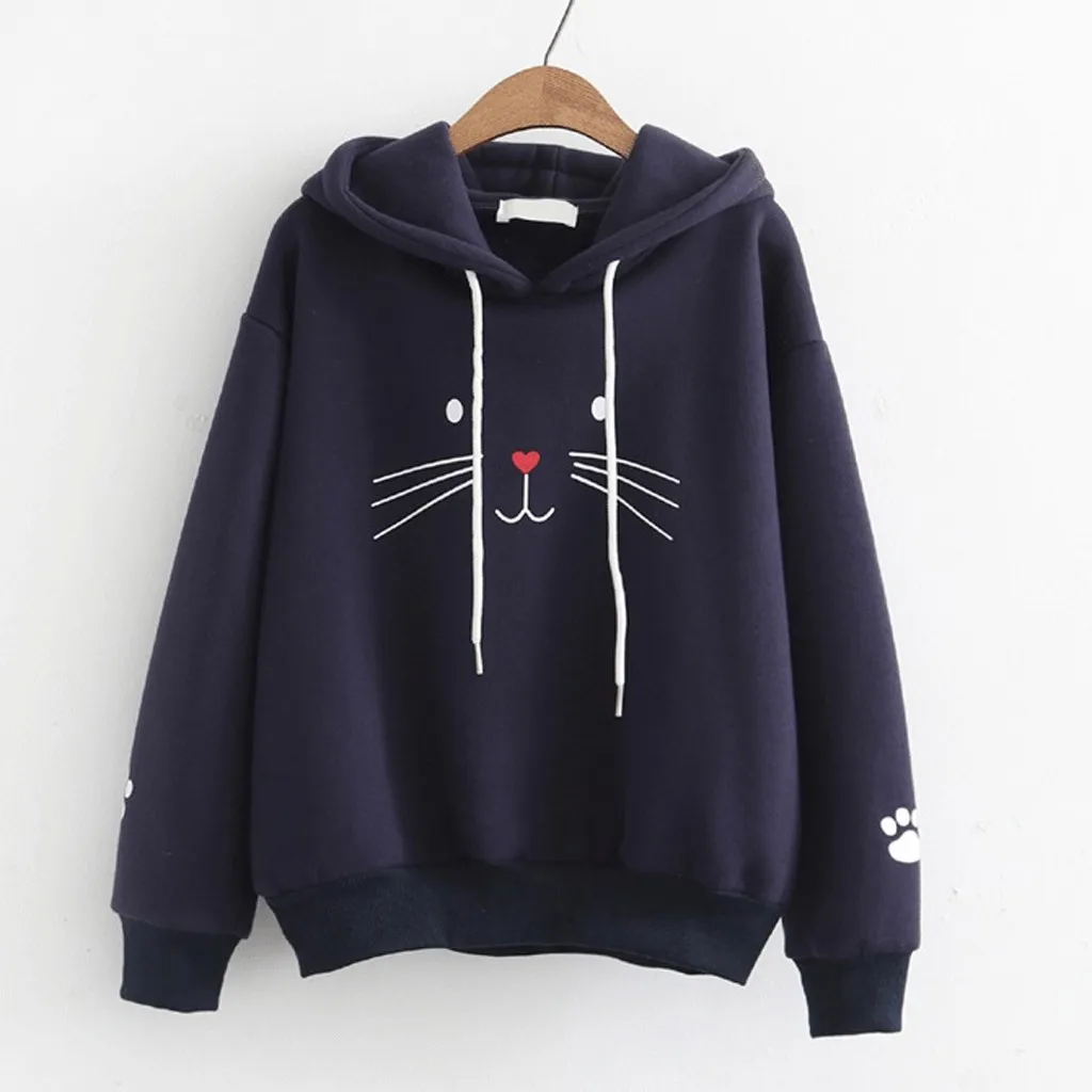 Dames Schattige Kat Hoodies Japanse Printe Sweatshirt Losse Straat Ronde Hals Pullovers Lange Mouw Herfst Winter Top Halloween