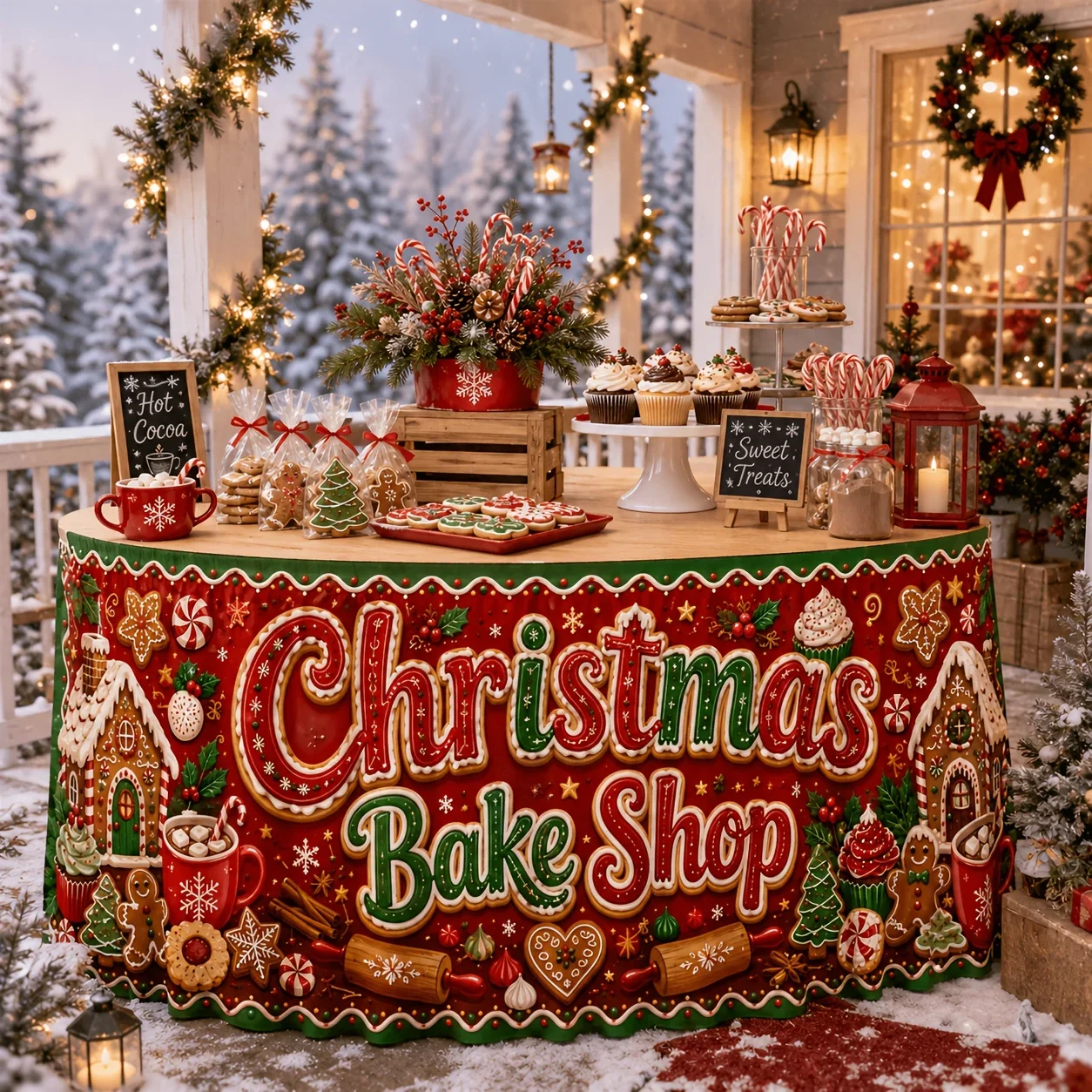 1 piece of tablecloth or table skirt, polyester, Christmas baking shop gingerbread house, gingerbread man, cookie cupcakexzj