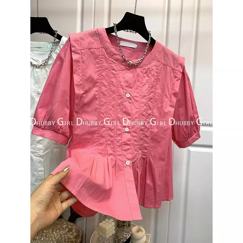 

Retro Patchwork Shirt Women Fashion 2023 Casual Chic Single Breasted Puff Sleeve Design Short Sleeve Women's Blouse Top