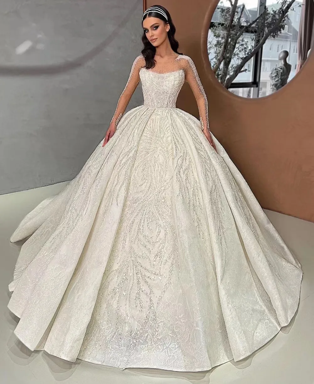 

Gorgeous Wedding Dress Sheer Neck Long Sleeves Sparkly Sequined Appliques Custom Made Robe De Mariée Bridal Gowns Elegant Female