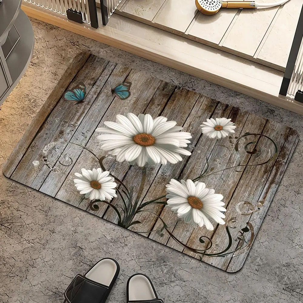 Welcome Doormat Non-Slip White Daisy Flower Entrance Floor Mat Vintage Wood Grain Kitchen Bedroom Carpet  Door Mat