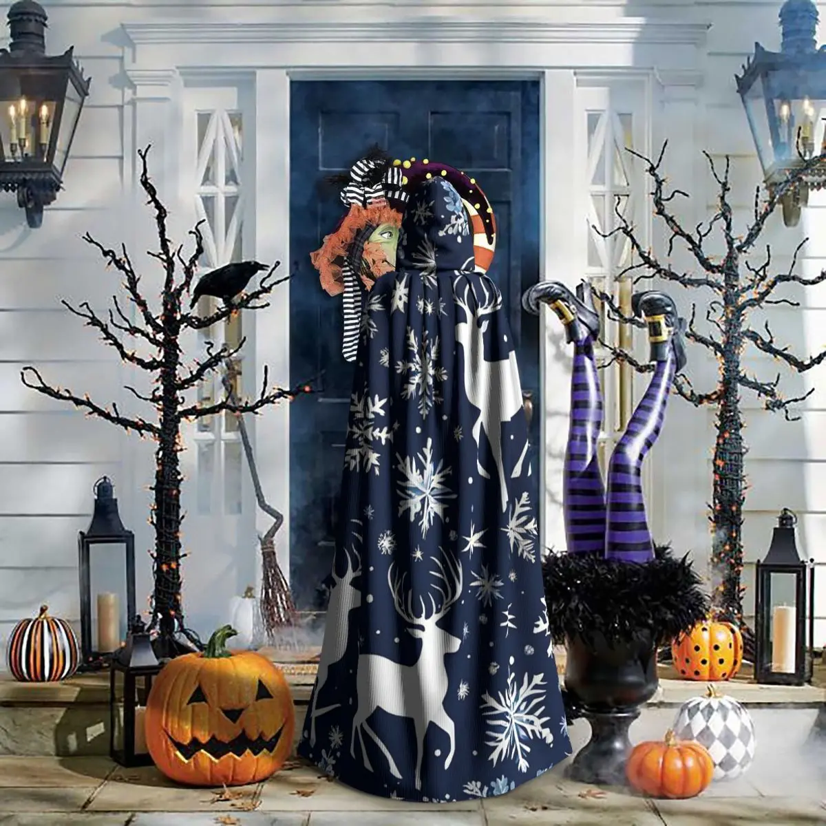 عيد الميلاد الأزرق والأبيض طويل مقنعين عباءة الساحرة القرون الوسطى زي تأثيري كيب هالوين مصاص دماء الكبار للجنسين