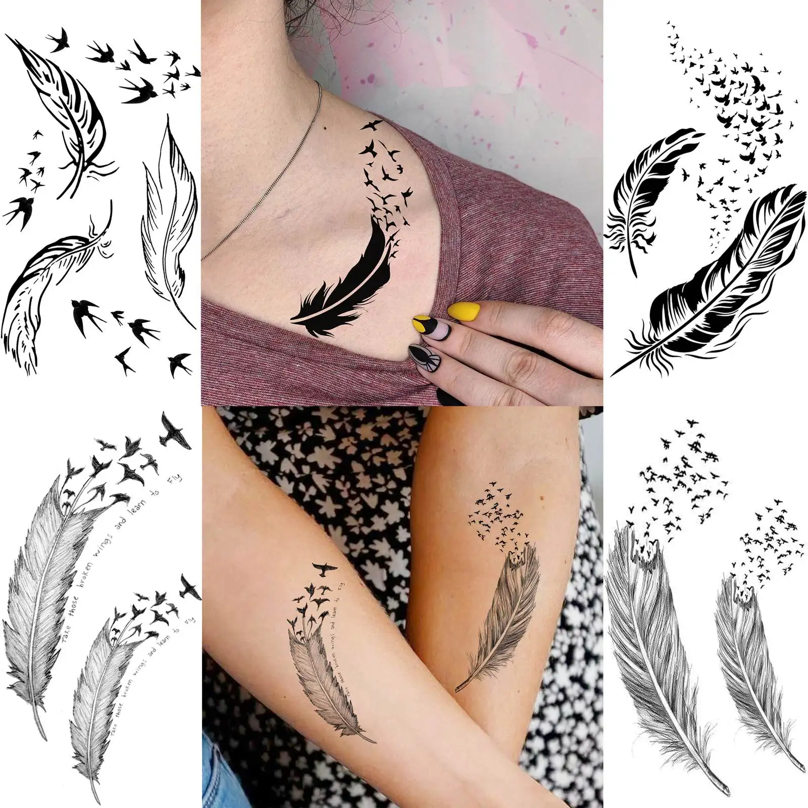 15 Sheets Feather Birds Temporary Tattoos For Women Girl Men Adults Transferable Disposable Tattoo Sticker Beauty Small Body Art