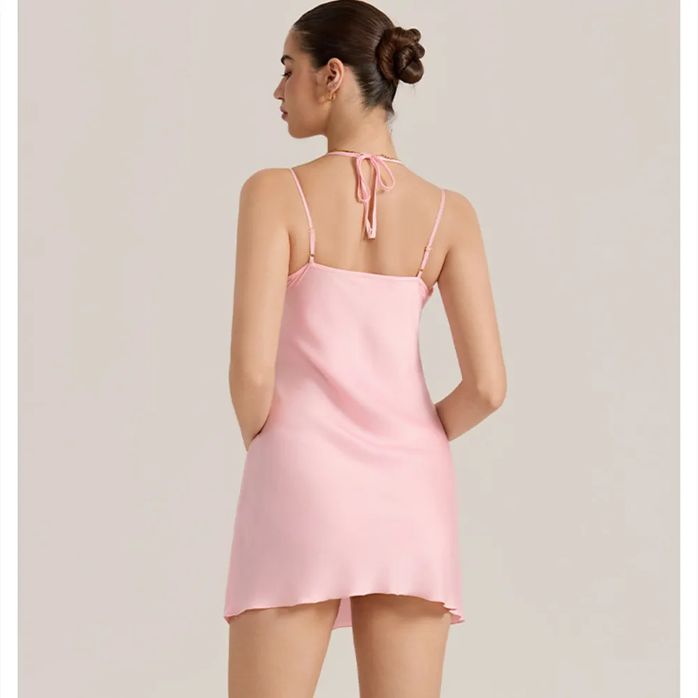 Solid Color Satin Female Nightgown Sexy Lace Mini Suspender Nightdress Home Dressing Gown Summer Sleepwear Rayon Loungewear
