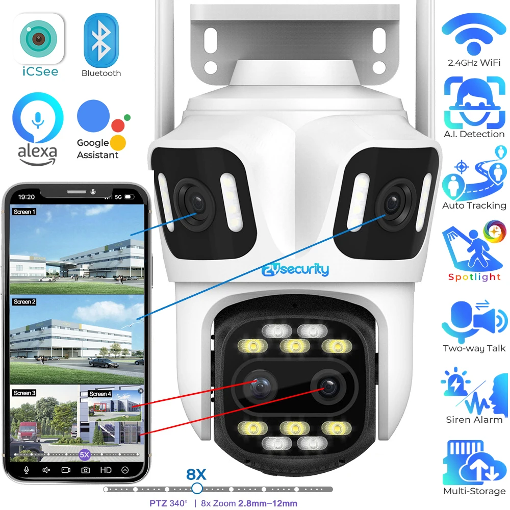 4 Lens (2MP*2+4MP*2) Wifi Security Camera Outdoor Human Auto Tracking IP PTZ Cameras 8X Hybrid Zoom Surveillance Camera iCSee