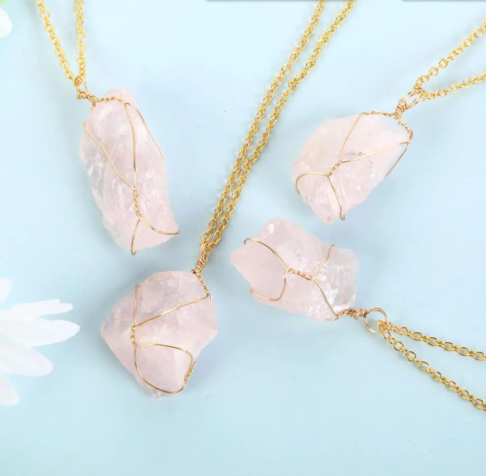 

1PC Natural Stone Irregular Pink Necklace Women In Crystal Pendant Necklace Wrap Wire Winding Chakra Rock Quartz Choker F1717