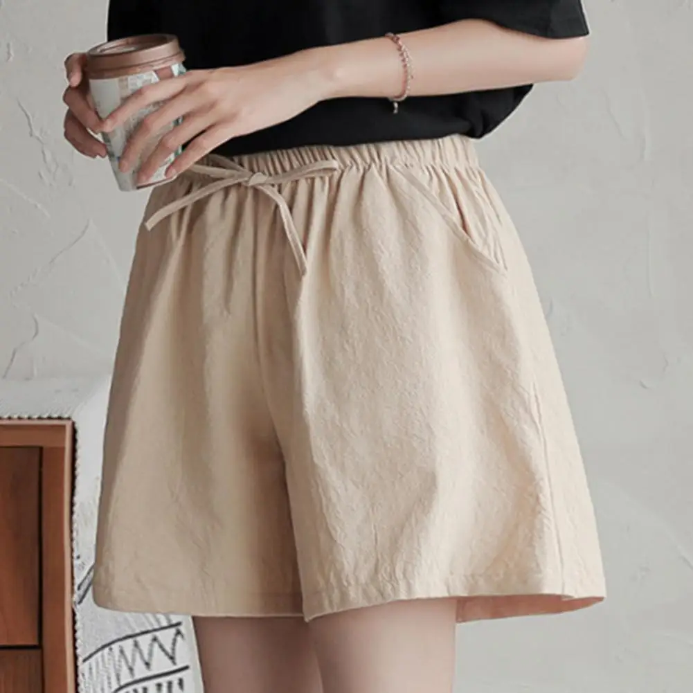 Cotton Flax Soft And Light Women Shorts All Match Bow High Waisted Solid Color Wide Leg Shorts Loose Casual Fashion Short Pants