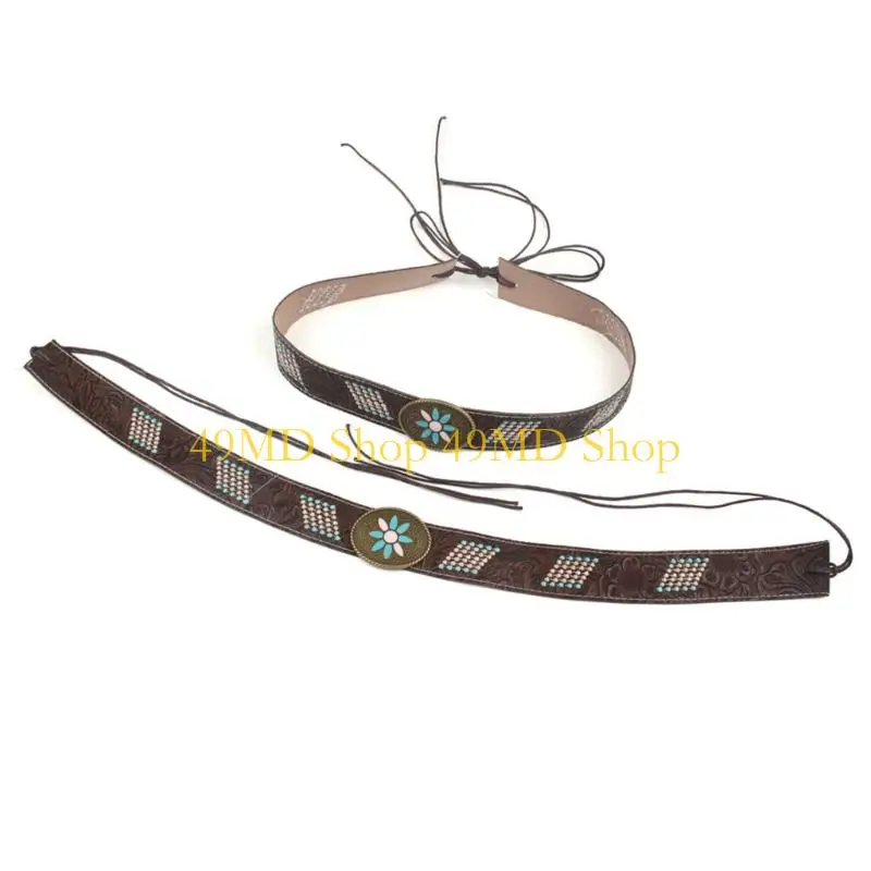 49MD Ethnic Embroidered PU Hat Band for Straw and Felt Fedoras Hats Panama Hat