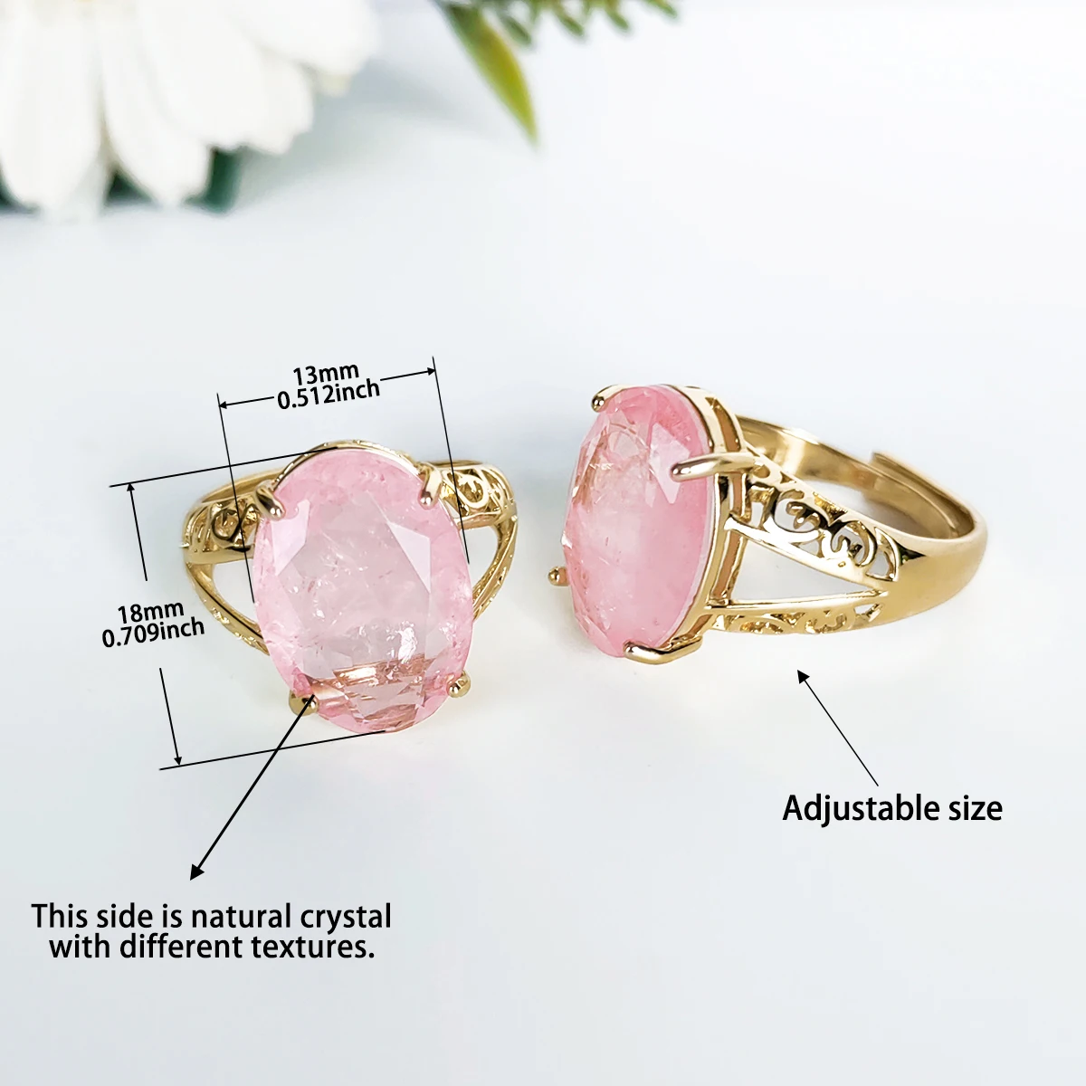 Y21 pink oval gemstone crystal fusion stone back is natural crystal stone front is crystal stone Adjustable rings for women