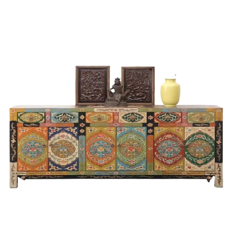 

Античный тибетский прочный многофункциональный ретро-ресторанный шкаф из цельного дерева, ручная роспись, домашний кухонный шкаф для хранения
