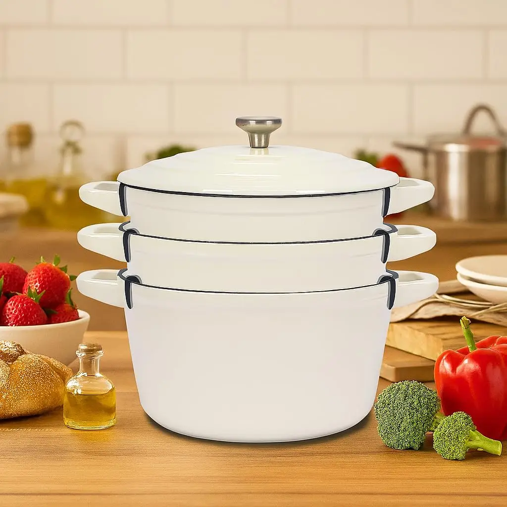 

Enameled Cast Iron Set 5-Pc, 10" Stackable Space-Saving Cookware Set, Dutch Oven, Skillet, Grill Pan, with 2 Universal Lid, Vers