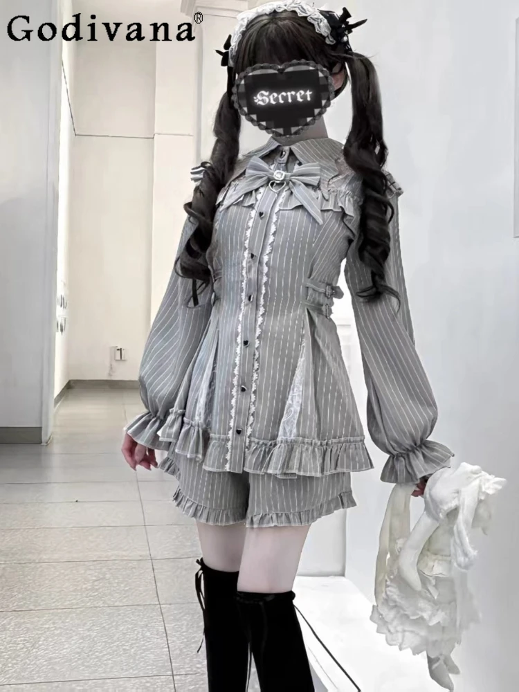 

Gothic Mine Dress Set Autumn Subculture Japanese Girls Sweet Lolita Cute Bow Long Sleeve Top Shorts 2-Piece Set Women's Outfits
