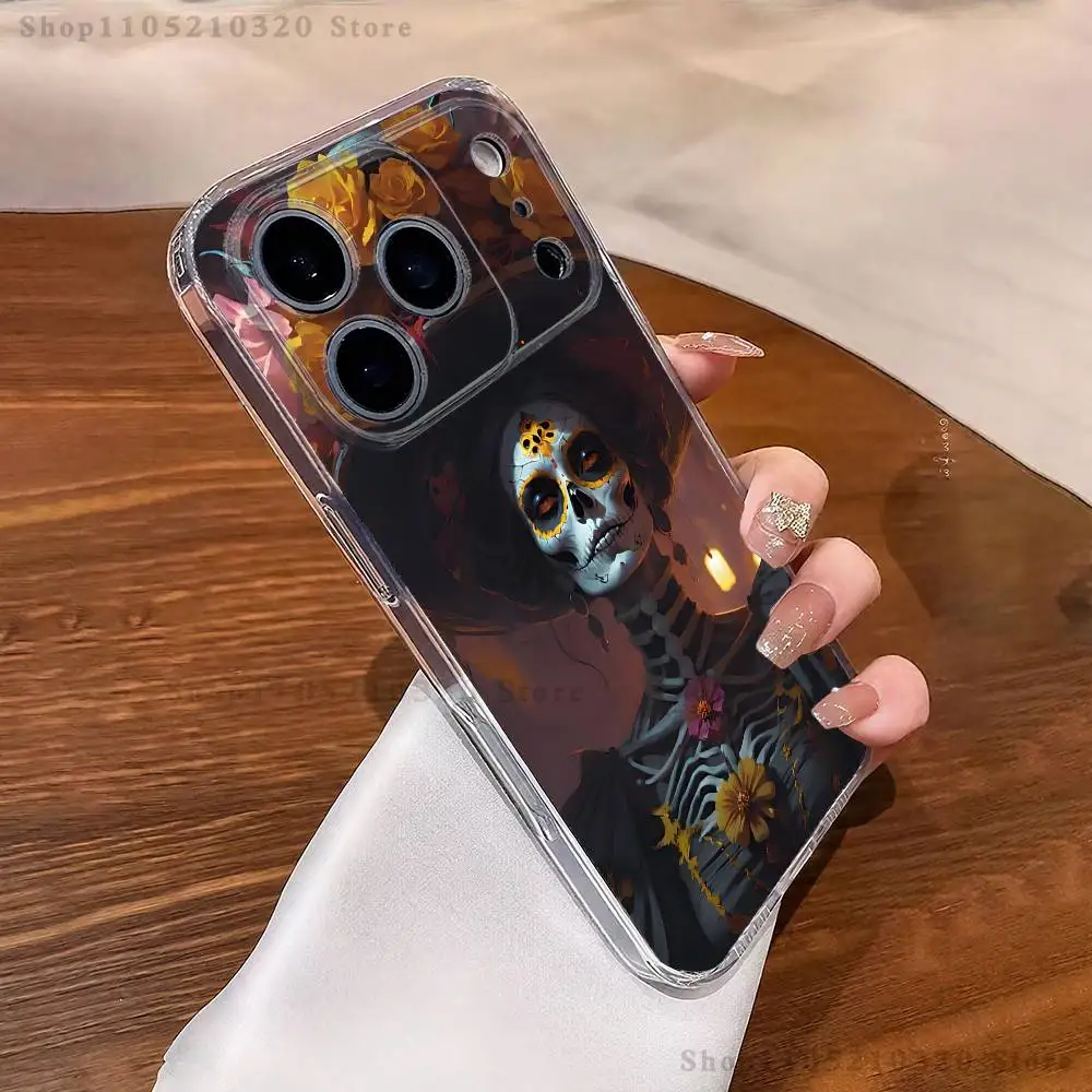 Skull Girl Catrina Mexican Phone Case For iPhone 17,16,11,15,13,14,12,Air,Mini,Plus,Pro,Max,Plus,E Clear Soft Shell