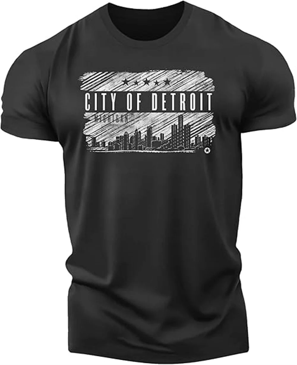 Men's Fitness T-shirt Street Retro Tough Muscle Men Detroit City Architecture Printed T-shirt  Casual Sports Short Sleeve