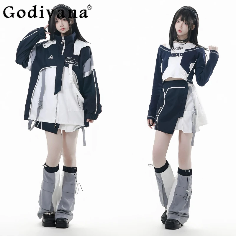 

Original College Style Sweet Cool Outfits Autumn 2025 Motorcycle Style Cardigan Jacket Short Coat Skirt Dress Leg Warmers Set