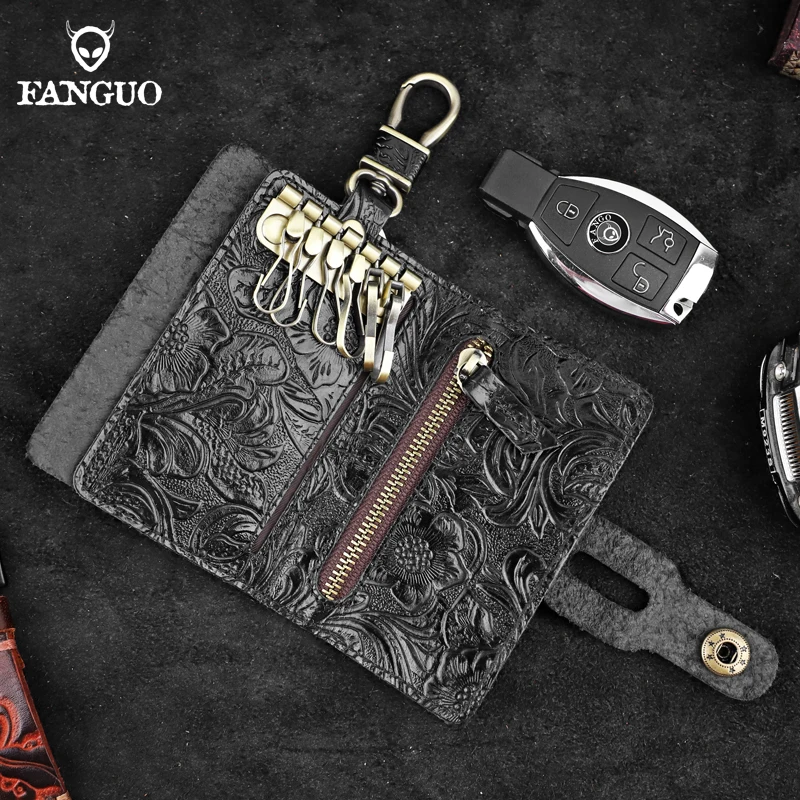 Handmade Genuine Leather Key Holder Bag For Men Key Chain Pouch Housekeeper Organzier Bags Multi-function Card Slot Purse