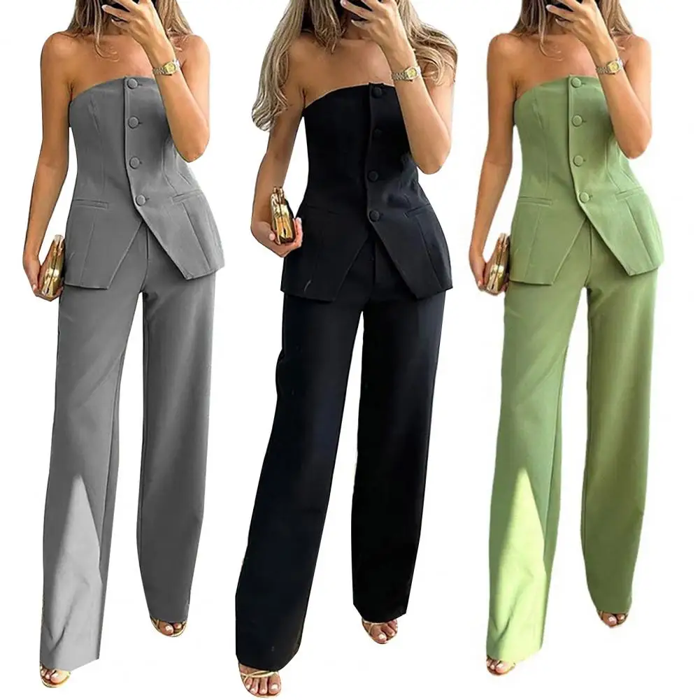 Tube Top Trousers Set Elegant Bandeau Top High Waist Wide Leg Pants Set for Women Single Breasted Off Shoulder Suit with Pockets