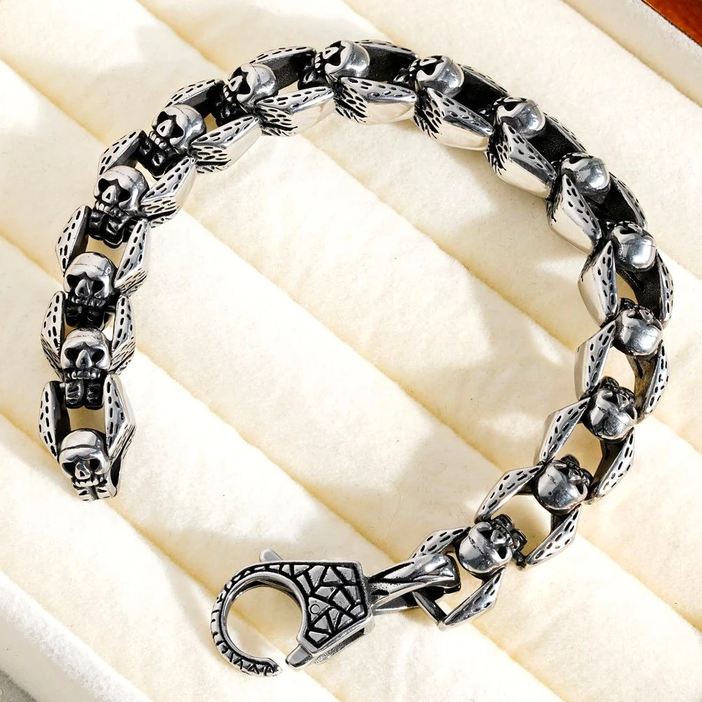 

Punk skull titanium steel inlaid cubic zirconia men's bracelet Tiki style rock motorcycle bracelet