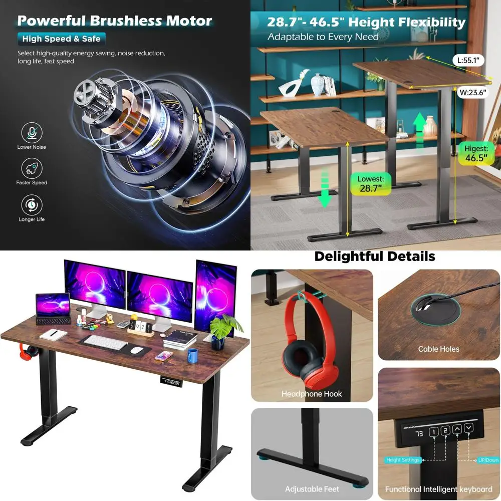 

Электрический стол с регулировкой высоты и держателем для наушников, большой вместимости, для дома и офиса (коричневый)
