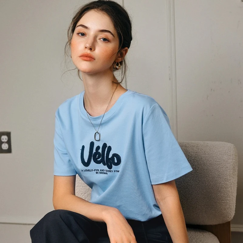 

OLrain Women Oversized O Neck T-Shirt 2025 Blue Letter Embroidered Casual Tees 100% Cotton Short-Sleeved Summer Tops O57XT98031