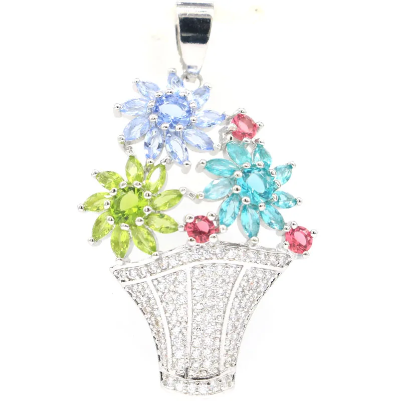 

44x26mm Multi Color Flower Basket White Sapphire Rhodolite Garnet Peridot Violet Tanzanite CZ Silver Pendant
