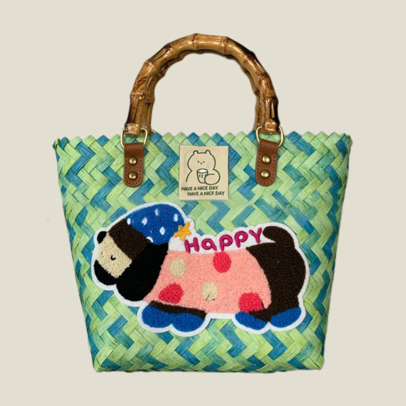 Retro Woven Bag Striped Dachshund Dog Tote Bag Cute Handbag Large Capacity Tote Bag Fashion Bamboo Handle Vegetable Basket Bag