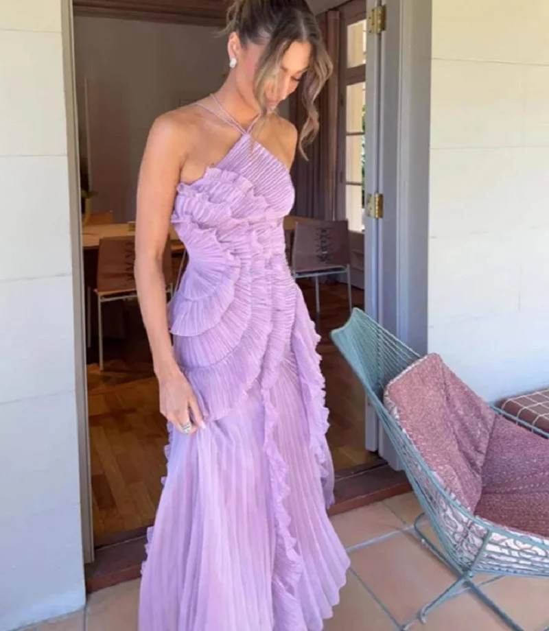Damenkleid mit Nackenriemen, Asymmetrisches Langes Kleid mit Rüschen, Ärmellos, Hohe Taille, Rückenfreies Kleid, Neues Elegantes Sommer-Partykleid