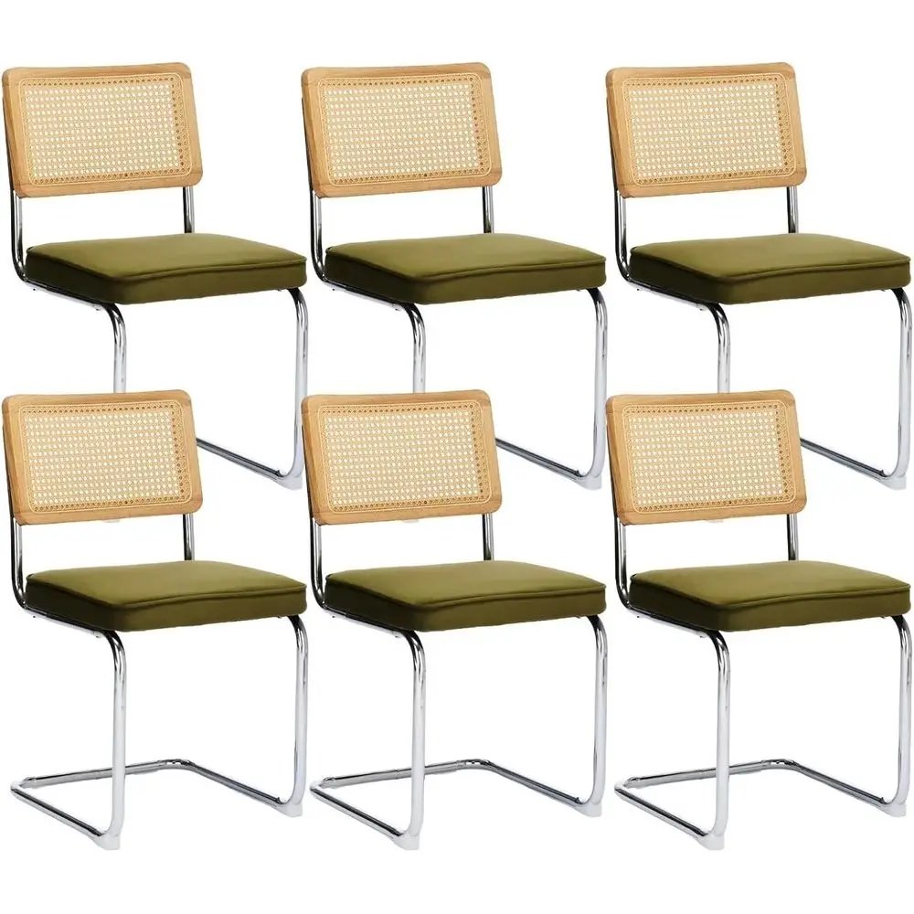 

Set of 6 Natural Cane Back Dining Chairs with Velvet Upholstery and Chrome Base for Kitchen, Living Room, or Restaurant in Olive