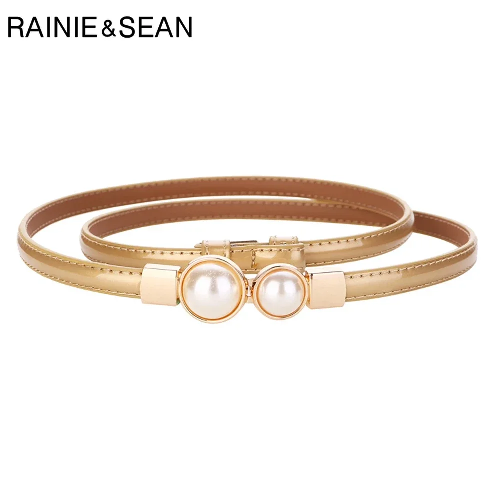 

RAINIE SEAN Golden Ladies Belt for Dresses Real Patent Leather Thin Women Belt Pearl Buckle Black Red Narrow Female Waist Belt