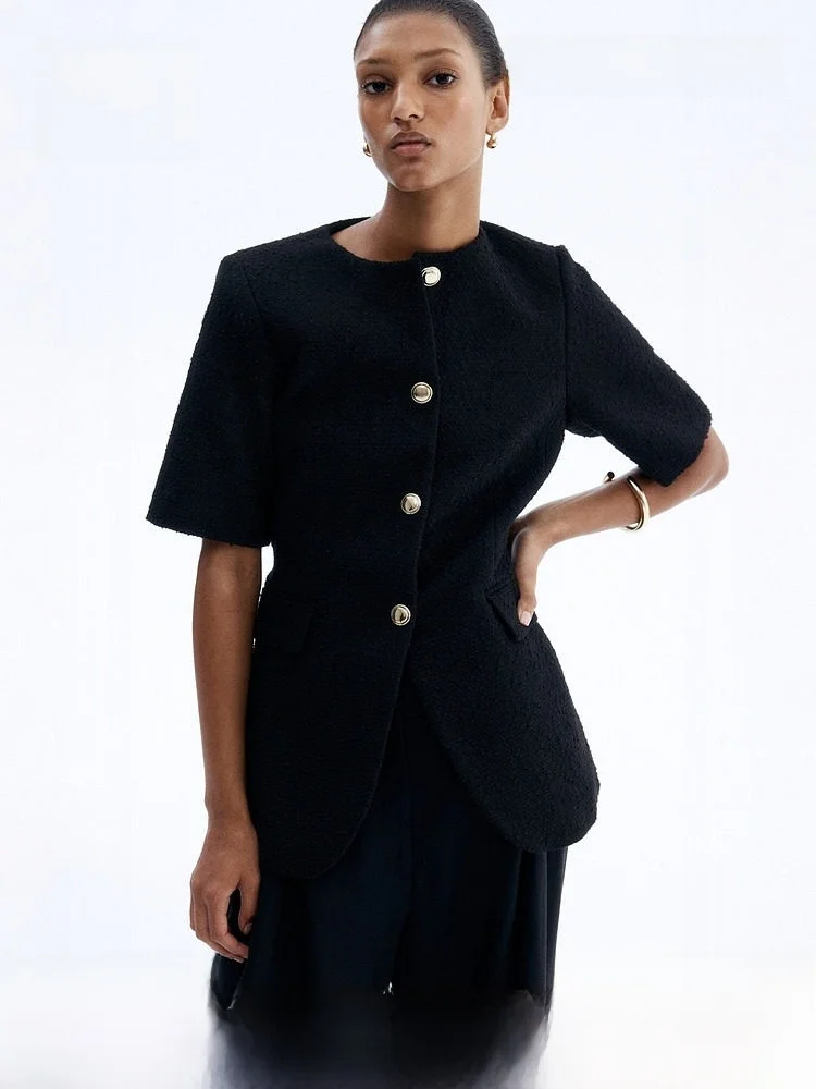 

H&M Women's Fashionable Velvet round Neck Single Button Suit Casual Style Polyester Fiber Short Sleeve Regular Length