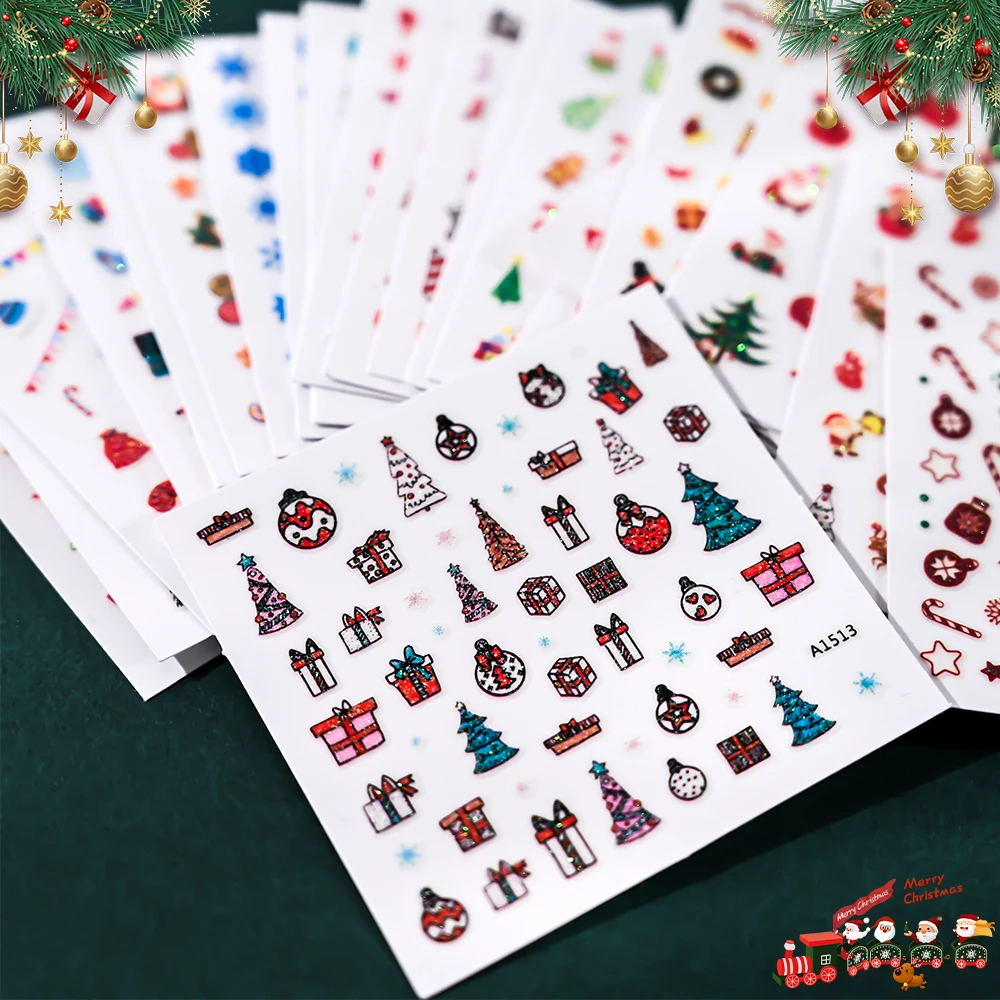 24 Stück 3D-Weihnachts-Nagelkunst-Aufkleber mit glitzerndem Weihnachtsmann, Rentier und Schneemann, 3D-Cartoon-Aufkleber, selbstklebende festliche Maniküre