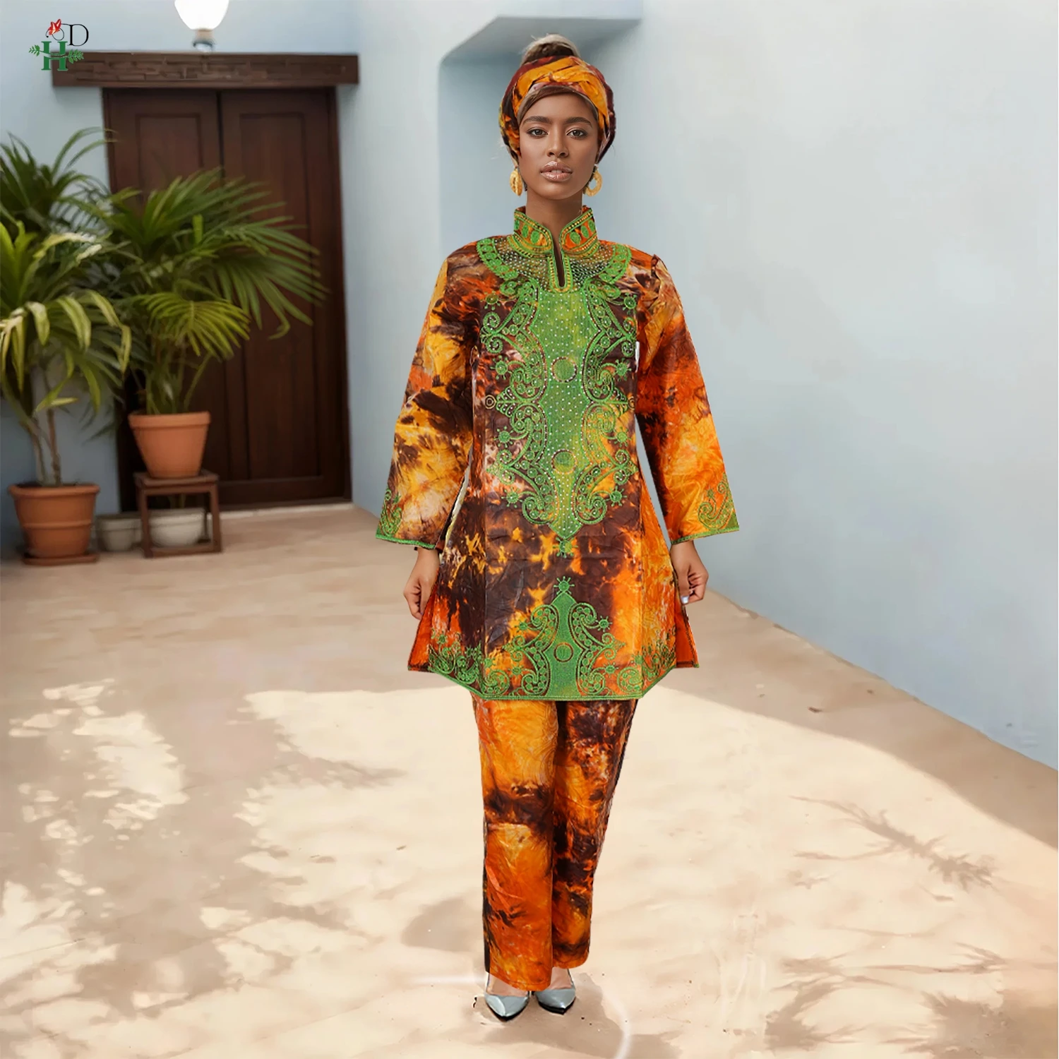 

H&D Traditional African Women's 2PCS Set Tie Dye Embroidered Print Top and Pants with Headwrap For Festival Gathering Daily Wear
