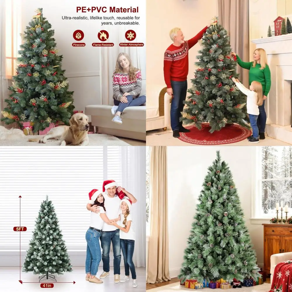 

5ft Unlit Hinged Artificial Christmas Tree with Snow Tips and Pine Cones for Indoor Holiday Decorations